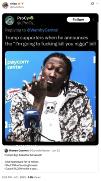 A "tweet":https://knowyourmeme.com/memes/sites/twitter-x calling "Donald Trump's":https://knowyourmeme.com/memes/people/donald-trump One Big Beautiful Bill Act the "I'm gonna f------ kill you" bill.