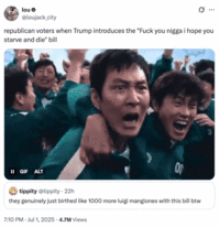 A "quote-tweet":https://knowyourmeme.com/memes/quote-retweets-qrts using a celebration "GIF":https://knowyourmeme.com/memes/cultures/gif from "_Squid Game_":https://knowyourmeme.com/memes/subcultures/squid-game. 