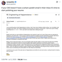 X user @var_epsilon posted a screenshot of an email received by Happenstance.AI, supposedly showing Soham Parekh's attempt to cold email his way into an interview for the AI company. The X user joked, "if your CEO doesn't have a soham parekh email in their inbox it's time to start polishing your resume," implying that catching the attention of Parekh is a sign that your company will be successful.
