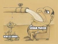 X user @growing_daniel posted a "Greedy Pipe Man":https://knowyourmeme.com/memes/greedy-pipe-man meme labelling Soham Parekh as the large man drinking water while "New CS Grads" are left with crumbs. The post gathered over 9,000 likes in a day.