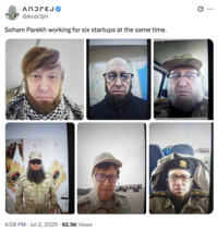 X user @Andr3jH tweeted, "Soham Parekh working for six startups at the same time" alongside a collage of a man dressed in various disguises.