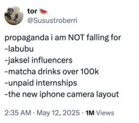 tor @Susustroberri propaganda i am NOT falling for -labubu -jaksel influencers -matcha drinks over 100k -unpaid internships -the new iphone camera layout • . 2:35 AM May 12, 2025 1M Views