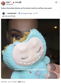 VEIN @SO0u00 || free Dubai chocolate labubu at the dubai matcha rooftop rave party masterbeef get me out of here @newgamertag • Jun 16 Dubai Chocolate meets Labubu 5:29 PM Jun 17, 2025 40K Views ..