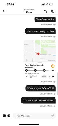 Third of several screenshots posted by X user @icmpressure showing them sending exasperated and angry messages to a DoorDash delivery woman who was 20 minutes late on the order.