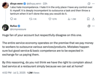 X user @icmpressure tweeted a response to someone criticising his approach to dealing with a late food delivery, writing, "The entire service economy operates on the premise that we pay money to workers to outsource various services/products. Mistakes happen sure but good service & basic competence are to be expected in exchange for us paying them. By this reasoning, do you not think we have the right to complain about bad service at a restaurant simply because we can eat at home?"