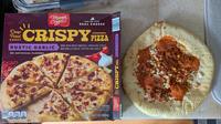 Deep Fried CRUST mama Cozzis made with 100% REAL CHEESE CRISPY PIZZA RUSTIC GARLIC NO ARTIFICIAL FLAVORS MADE WITH DRIED TOMATOES, PROVOLONE CHEESE, MOZZARELLA CHEESE, PEPPERS AND GARLIC PER 1/3 PIZZA 390 CALORIES 940 SAT FAT SODIUM KEEP FROZEN THE SUGGESTION BALARGER TO SHOW TEXTURE NET WT 14.1 OZ (400g) man CRISPY PIZZA RUSTIC GARLIC