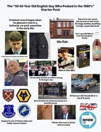 The "50-60 Year Old English Guy Who Peaked in the 1980's" Starter Pack Criminal record began when he glassed a man in a Safeway car park sometime in the early 90s Looks like one of these two blokes now: WEST HAM UNITED LONDON MILLWALL KEW MASTER His flat: Says he is not racist because he is half-Irish; Strongly dislikes anything foreign, especially Arab Has 3 grandchildren from his daughter Becky Quitting will improve your health Gripps www. Regal Blue Him in the 80s: 20 Cigarettes Throws beer bottles at others during St George's day BALL CLUB 56 VIKR NEW RO CAST Gets kicked out of his local pub on a monthly basis Drives an old Vauxhall or a Ford Transit Everton 1878 NIL SATIS NISI OPTIMUM 1885 Supports one of these clubs and holds season tickets Thinks this man is Satan reincarnated BNP REFORM UK