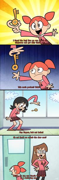 I found the key! Now we can unlock the classroom and get Miss Osaka out! m ev LWB This one's perfect! Yoink! WB Hey Kagura, look out below! Oh no! How'll we unlock the door now? Maybe we can use Tomo's thick skull as a battering ram LWB LWB