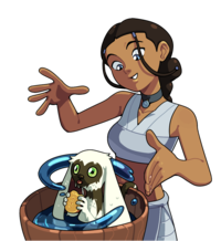 Katara using water-bending to give Momo a bath as he eats soap