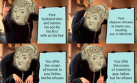 Your husband dies and names his son by his first wife as his heir Your stepson refuses to marry you, causing you to blind her You offer the crown of Imereti to your father, but he refuses You offer the crown of Imereti to your father, but he refuses