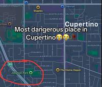 CAMPUS DR WAY Staples Chevron SCOFIELD DR CALI AVE SUNRISE DR LN ollege S Cupertino Most dangerous place in Cupertino G PACIFICA DR SILVERADO AVE SOMERSET SUISUN DR SEPTEMBERR 85 VEMBER.DR JOHN WAY ERIN WAY KIRWIN LN Jollyman Park LUMAS DR The Home Depot DE FOE DR PALLENLEAF LN TIPTOE IN JOH ARLINGTON LI WINDSOR ST