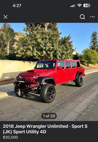 Х 4:27 Q 64 1 of 20 2018 Jeep Wrangler Unlimited • Sport S (JK) Sport Utility 4D $30,000 D