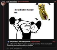 Luke Zweiwalker @zweiwalker89607 I could have saved her. 9h milkydraws8 | 'the employed one' @milkydraws8 Jul 6 guy in the corner of jabba's palace whispering 'leave her alone' into his drink whenever jabba makes oola do 19 backflips Jul 7, 2025 - 9:43 AM UTC