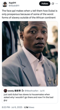 X user @Xbski011 tweeted, "The face ppl makes when u tell them how Dubai is only prosperous because of some of the worst forms of slavery outside of the African continent" in response to a tweet that read, "just said dubai has slaves to housemates when asked why I wouldn’t go there and now I’m the bad guy."