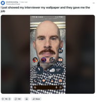 Redditor u/TheVeryMoistTowel riffed on the "John Interview" jokes on r/notinteresting, posting a photo of a phone background with u/COKE-SLURPEE's selfie on it. The photo showed a bald man with a mustache and a piercing gaze staring into the camera. 