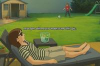 An AI-generated frame from a viral video captioned, "New gen will never understand this pic." The pic is from the viral video "W2S kicks a football in his Mums face."