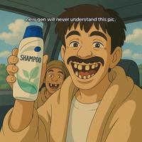 An AI-generated frame from a viral video captioned, "New gen will never understand this pic." The image is from a video known as "Arab says Shampoo in car."