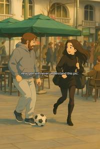An AI-generated frame from a viral video captioned, "New gen will never understand this pic." The image is from a video of Ronaldo asking a woman out while dressed as a homeless person.