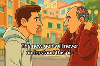 An AI-generated frame from a viral video captioned, "New gen will never understand this pic." The image is of Ronaldo vs. Robot Ronaldo.