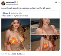 A "quote-tweet":https://knowyourmeme.com/memes/quote-retweets-qrts of "Twitter / X":https://knowyourmeme.com/memes/sites/twitter-x user Erinmhk, which showed her in a bikini with the caption, "These better be my 'this is her' pics."