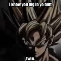 A "Goku Prowler":https://knowyourmeme.com/memes/prowler-theme-goku-prowler-xenoverse-2 "meme":https://knowyourmeme.com/memes/memes with "Impact":https://knowyourmeme.com/memes/impact text reading, "I know you dig in yo butt twin."
