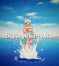 A parody "Inspirational Photo Quotes":https://knowyourmeme.com/memes/inspirational-photo-quotes reading, "Dig in yo butt twin."