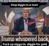 The devil whispered into President Trump's ear and said, Stop diggin in ur butt Trump whispered back, F--- up n---- im diggin for gold
