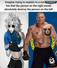 ADEDO Imagine trying to explain to a non WARHAMMER 40,000 fan that the person on the right would absolutely destroy the person on the left PROFES DAD G ULTRAMARINES