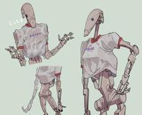 A drawing of a DJ Droid girl with a wet t-shirt. The art was drawn by X user @Capsicumannuum3.