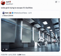 On July 6th, X user @judiXart tweeted another GIF from _iRobot_, posting a scene where Sonny fights another robot alongside the caption, "woke grok trying to escape X's facilities." The post gathered over 3,000 likes in three days.