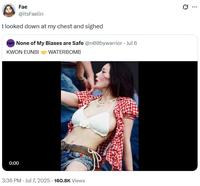 A tweet reading, "I looked down at my chest and sighed." The tweet is in reference to a video of Kwon Eunbi.