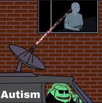 A "Groyper":https://knowyourmeme.com/memes/groyper in an FBI van shooting a beam of autism into a Wojak's brain. The meme is meant to show a "glowie":https://knowyourmeme.com/memes/glowie-glowposting brainwashing people.