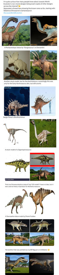 I'm quite curious how many people know about Jurassic World Evolution's non-movie designs being exact copies of other designs across the internet? Separated a thread here showing the known ones so far, starting with: Sideshow Dinosauria's Camarasaurus #Jurassic World Evolution ALLOSAURUS VS CAMARASAURUS STATUE A Pentaceratops statue by "Gorgosaurus" on DeviantArt Another stock model, but for the Kentrosaurus, surprisingly this was only for the Early Kentrosaurus skin, but still counts ROSAURUS Sergio Perez's Struthiomimus A stock model of a Gigantspinosaurus my stock photo That one Parasaurolophus statue? toy? 3D model? I have no idea, but it was used as heavy inspiration for Muttaburrasaurus A Sauropelta statue made by Shane Foulkes Yet another that was pointed out, by Bill Nguyen on ArtStation