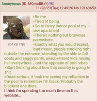 Anonymous (ID: MQmaBBxY) 704 KB PNG 11/28/23(Tue)12:49:26 No.19148659 >Be me. >Tired of being. >Go to fancy indoor pool at my new apartment. >There's nothing but brownies everywhere. >Exactly what you would expect, loud music, people smoking right outside the entrance, standing by the side in full coats and saggy pants, unsupervised kids raising hell everywhere. Just the opposite of pool vibes. >Start thinking about how this country is going to s---. >Dead serious, it took me seeing my reflection in the pool to remember I'm black. Probably the blackest one there. I think i'm spending too much time on this website...
