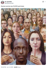A "tweet":https://knowyourmeme.com/memes/sites/twitter-x joking about the "Gen Z":https://knowyourmeme.com/memes/cultures/generation-z-gen-z-zoomers Stare, using the "Fluoride Stare":https://knowyourmeme.com/memes/fluoride-stare image and naming the "1,000 Yard Stare":https://knowyourmeme.com/memes/thousand-yard-stare.
