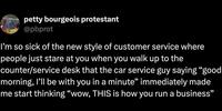 A post from the Facebook page Old Photo Archive that included a post from the account petty bourgeois protestant complaining about "the new style of customer service" in reference to the Gen Z Stare.
