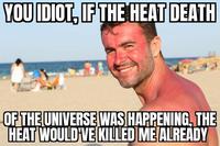YOU IDIOT, IF THE HEAT DEATH OF THE UNIVERSE WAS HAPPENING, THE HEAT WOULD'VE KILLED ME ALREADY