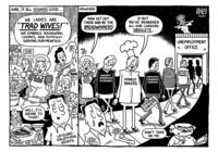 SURE, IT ALL SOUNDS GOOD... WE LADIES ARE "TRAD WIVES!"* WE EMBRACE HOUSEWORK, CHORES, AND DUTIFULLY SERVING OUR MENFOLK. HOWEVER: NOW GET OUT THERE AND BE THE BREADWINNERS! B-BUT YOU'VE RENDERED ALL OUR CAREERS OBSOLETE... ל T-BONE... TO DO: WELL, I'LL DRINK TO THAT! HEH HEH HEH Ke4y 2025 ONION SYNDICATE UNEMPLOYMENT OFFICE SKILLED FRIENDLY BUTTER- CHURNERS ZERO INCOME NAGS UNFAIRLY BURDENED HUSBANDS MANNIES HONEST BAKERS INNOCENT LAUNDROMAT WORKERS ADS WANT * LATEST FAD LEISURE- ENJOYING GENTS DON'T TRAD ON ME. www