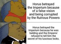imgflip.com Horus betrayed the Imperium because of a false vision and being corrupted by the Ruinous Powers Horus betrayed the Imperium because he was balding and the Emperor refused to tell him the secret of his luscious locks.