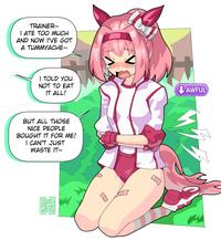 TRAINER~ IATE TOO MUCH AND NOW I'VE GOT A TUMMYACHE~ I TOLD YOU NOT TO EAT IT ALL! AWFUL BUT ALL THOSE NICE PEOPLE BOUGHT IT FOR ME! I CAN'T JUST WASTE IT~ 604