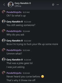 A screenshot of an Xbox message conversation posted by TikToker @PandaNinjaxxOfficial as part of a series of posts where she accused CoryxKenshin of emotional and mental abuse. The message shows Cory asking if she's "seeing anyone," and then saying, "Bcos I'm trying to f--- your life up some more." Cory then clarifies, "That was a joke geez."