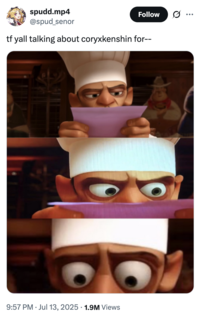 X user @ posted a "Chef Skinner Reading a Letter":https://knowyourmeme.com/memes/chef-skinner-reading-a-letter meme alongside a caption that read, "tf yall talking about coryxkenshin for--"