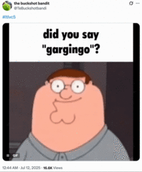 X user @TeBuckshotbandi posted a GIF showing Peter Griffin slowly turning around alongside text that reads, "did you say "gargingo"?" The post gathered over 2,000 likes in two days.