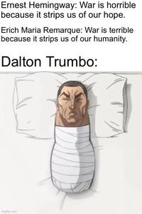 Ernest Hemingway: War is horrible because it strips us of our hope. Erich Maria Remarque: War is terrible because it strips us of our humanity. Dalton Trumbo: imgflip.com