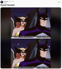 A "Reddit":https://knowyourmeme.com/memes/sites/reddit post about Hawkgirl and Batman having a conversation.