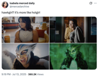 A "tweet":https://knowyourmeme.com/memes/sites/twitter-x of actress Isabela Merced as Hawkgirl in the 2025 "_Superman_":https://knowyourmeme.com/memes/subcultures/superman-2025-film film, captioned, "Hawkgirl? It's more like Hotgirl."