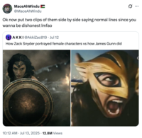 A "quote-tweet":https://knowyourmeme.com/memes/quote-retweets-qrts making fun of the "How Zack Snyder portrayed female characters vs. how James Gunn did" "tweet":https://knowyourmeme.com/memes/sites/twitter-x.