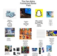 The Gen Alpha Fortnite kid Starter Pack Begs for vbucks and also searches on YT how to get free V-Bucks Screams like a pterodactyl when they die Kills posted to Snapchat, has a YT and Twitch channel Plays 6-10 hours a day and parents are an Facebook Ti kTok Instagrame tc. CREATIVE NEW! Always spend 90% of their time on this Talks in brainnot Gen Alpha slang over the mic, says "my parents work aT OPIC" as a comeback or insult, also uses dog water Username is something like SkibidiBop BapBop Yes yes or SigmaBoy4 24548 Rage quits after dying in just 2 games and retums back to creative build, also 90% of their vocabulary is swearing or slurs Are usually between the ages of 9 to 12 Either of Only wears sweaty (trending) Thinks they are one of the legends in the game, when in reality, they are average or above Says "dead game wheneve