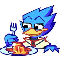 Fan art of Berdly eating caramel. The art is captioned, "delicious caramel."