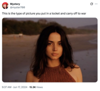A "tweet":https://knowyourmeme.com/memes/sites/twitter-x using the Ana de Armas Beach Look photo, captioned, "This is the type of picture you put in a locket and carry off to war."